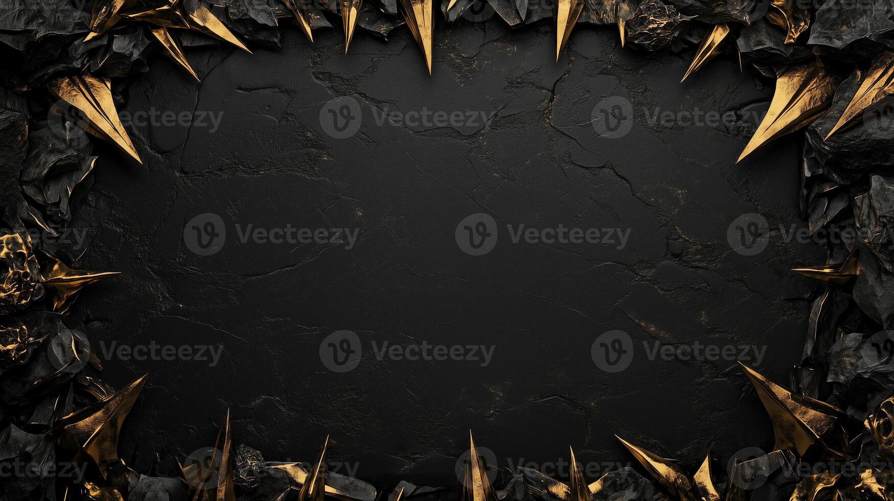 Dark and dramatic fantasy background featuring sharp, jagged black rocks with metallic gold accents, creating a luxurious and mystical atmosphere, perfect for game design, posters, or digital art photo