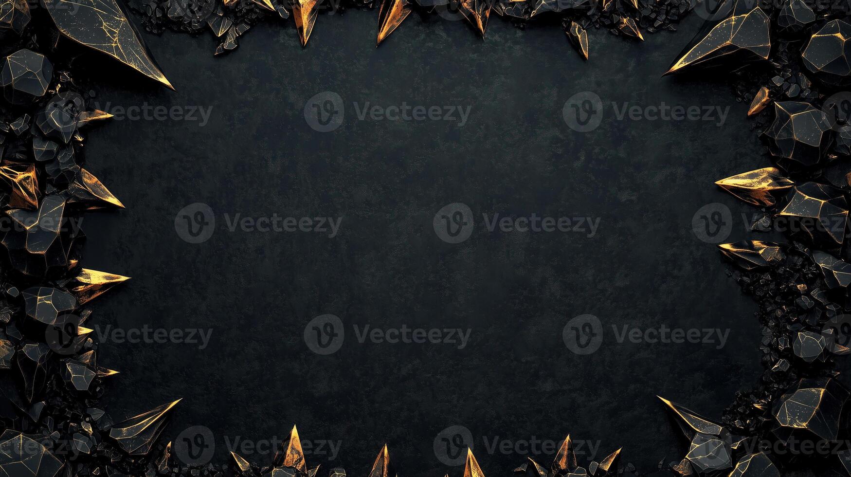 Dark and dramatic fantasy background featuring sharp, jagged black rocks with metallic gold accents, creating a luxurious and mystical atmosphere, perfect for game design, posters, or digital art photo