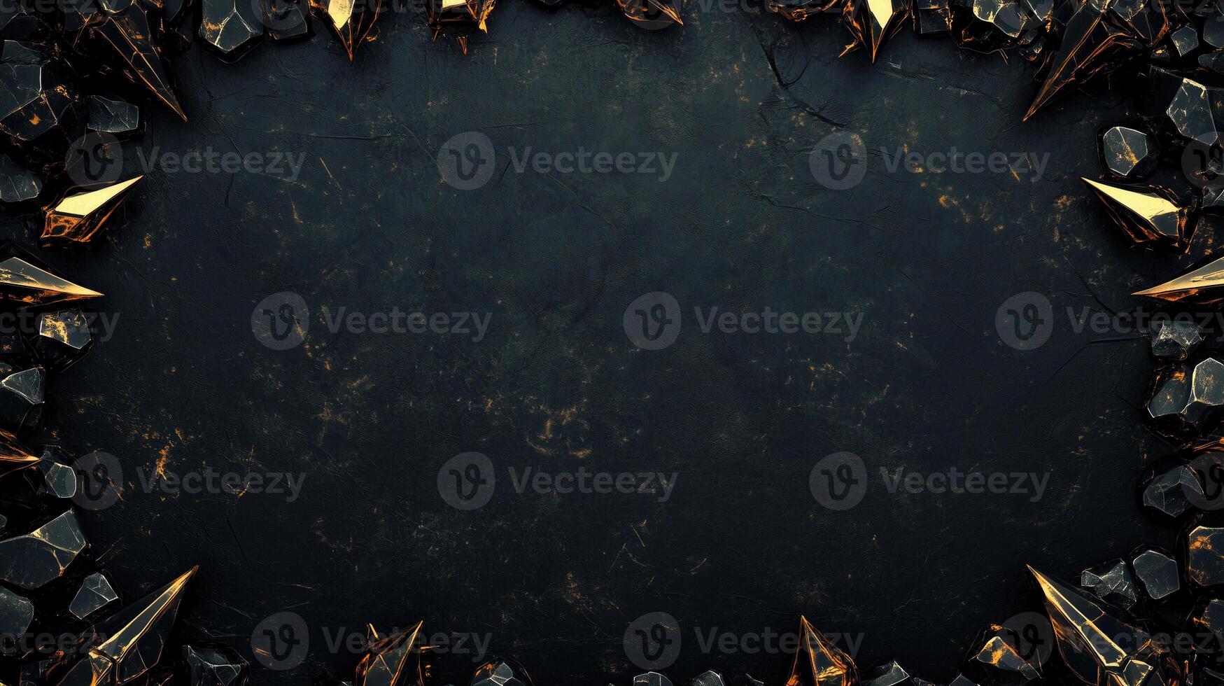 Dark and dramatic fantasy background featuring sharp, jagged black rocks with metallic gold accents, creating a luxurious and mystical atmosphere, perfect for game design, posters, or digital art photo