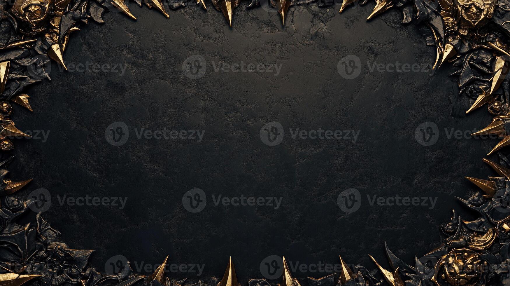 Dark and dramatic fantasy background featuring sharp, jagged black rocks with metallic gold accents, creating a luxurious and mystical atmosphere, perfect for game design, posters, or digital art photo