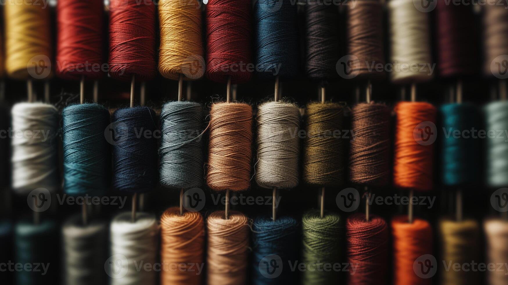 Multicolored yarn spools used in textile industry. Set of colored threads for sewing on coils. Pile of big colorful spools of thread. Colored thread spools of thread large class, textiles, back photo