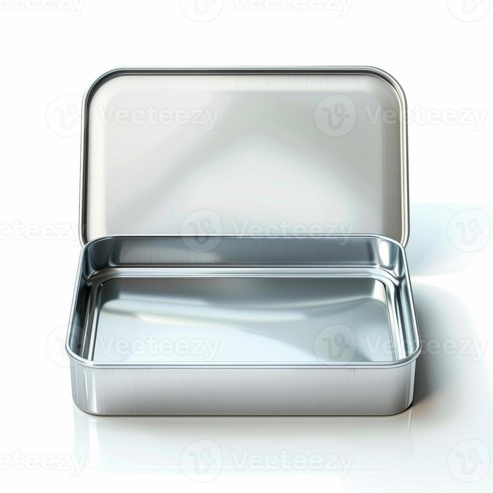 Rectangular tin box with an open lid. Metal box for various purposes. Isolate on a white back photo