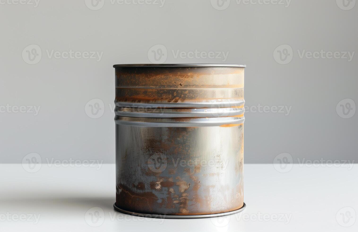 Rusty tin can. Metal container for long-term storage of food products. Light back photo