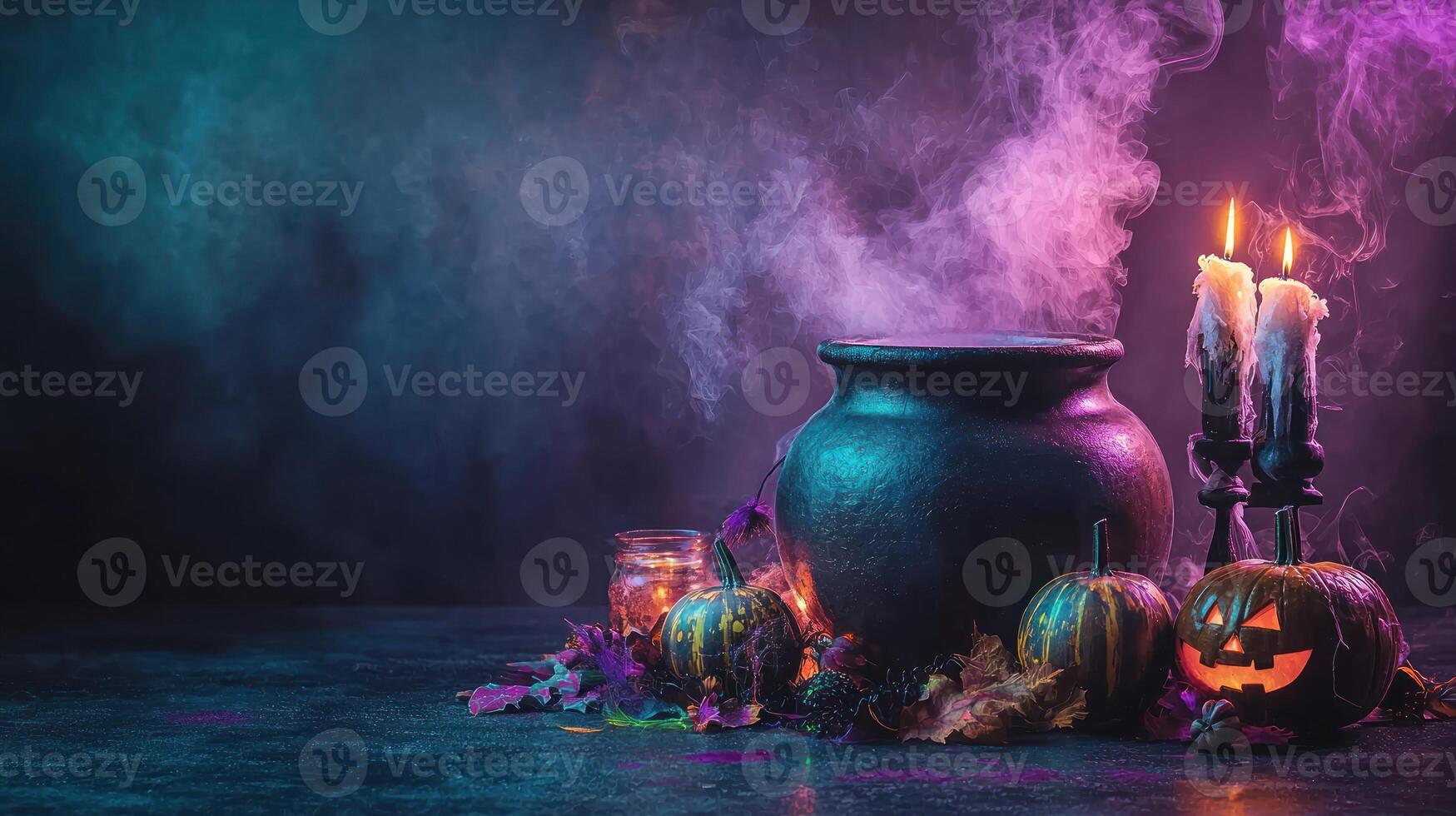 Spooky cauldron and festive Halloween items arranged on a plain backdrop, leaving room for messaging. photo