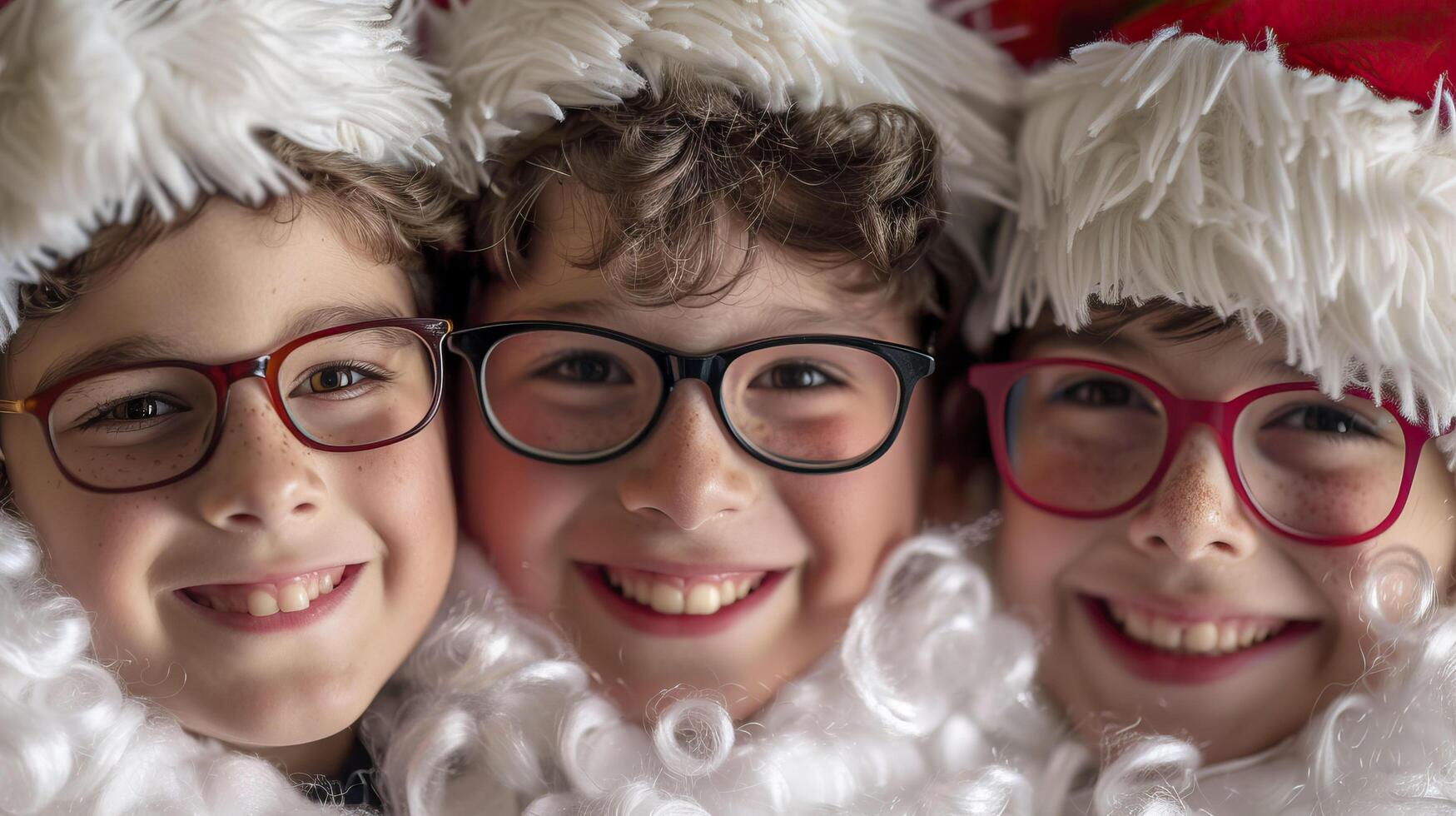 Three children in Santa Claus hats and eyeglasses, close up. photo