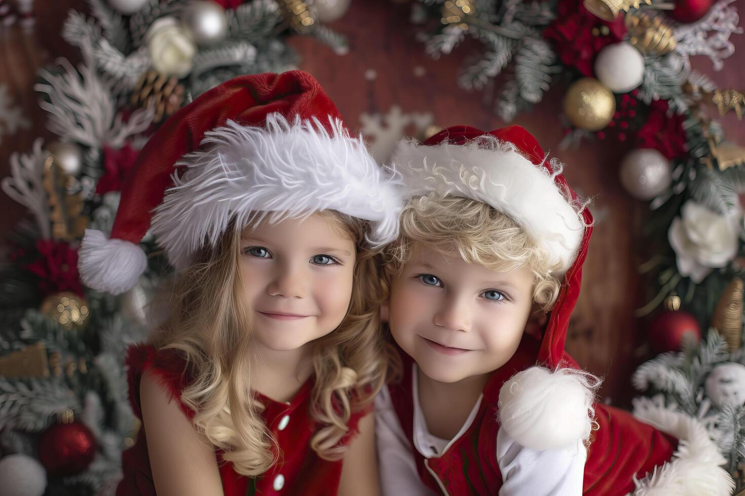 Little boy and girl in Santa Claus hats near the Christmas tree. photo