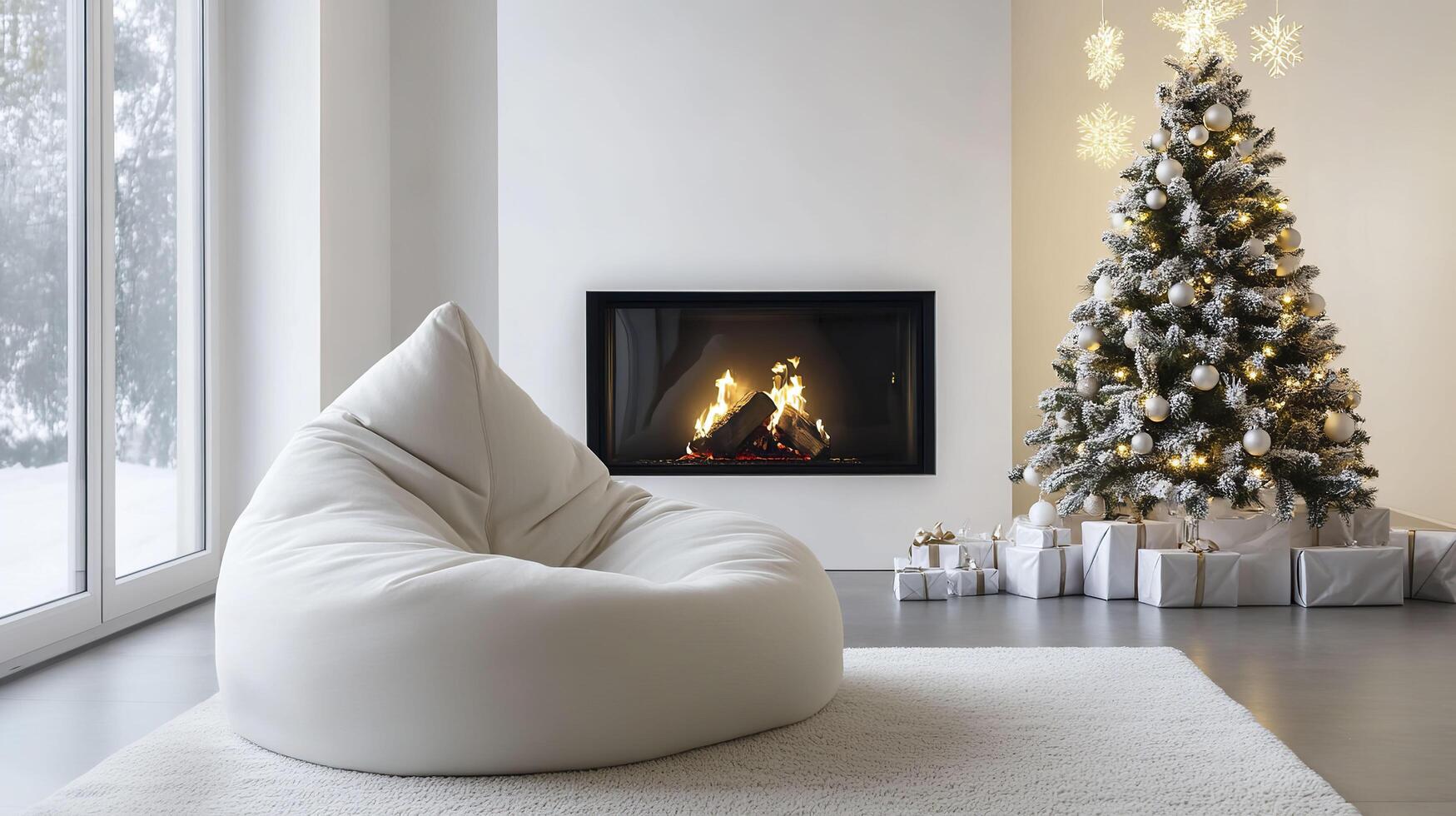 Christmas tree and fireplace in modern living room with white sofa and presents. photo