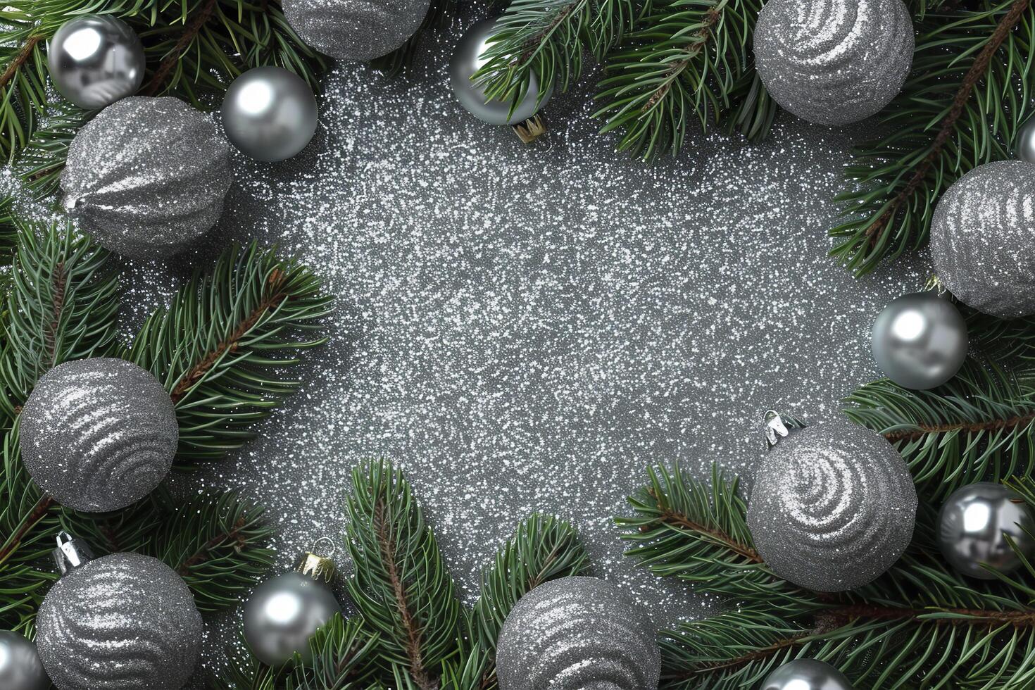 Christmas decoration with fir branches and silver balls on gray background. Top view with copy space. photo