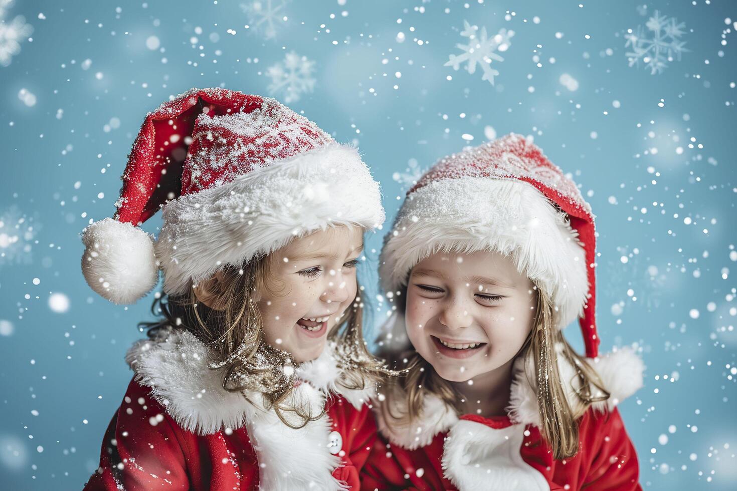 Two cute little girls in Santa Claus clothes on blue background with snowflakes. photo