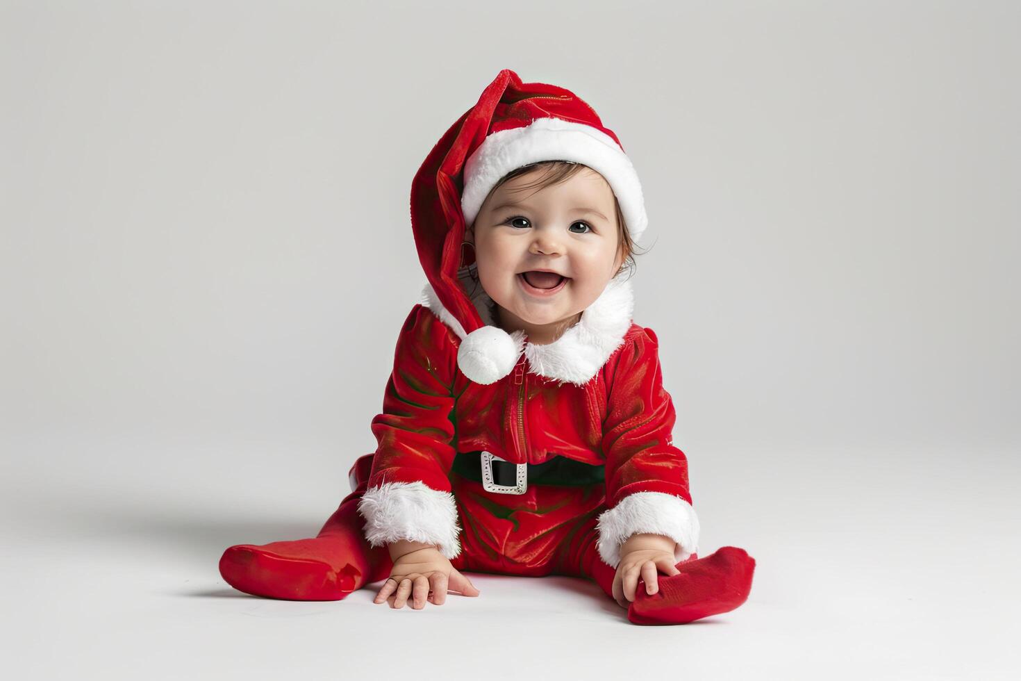 Cute baby dressed as Santa Claus sitting on a gray background. photo
