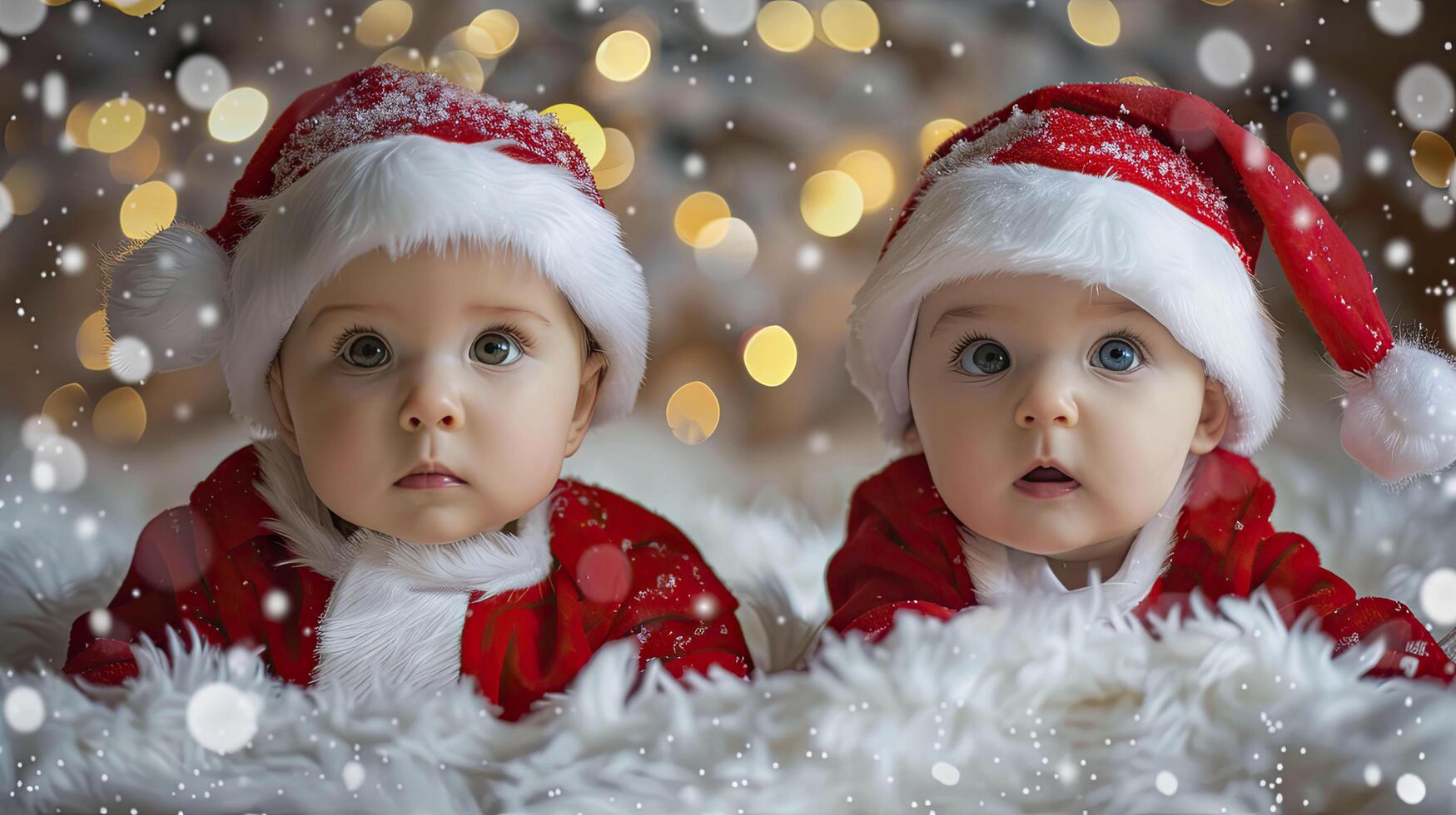 Cute little baby boy and girl wearing Santa Claus clothes. Christmas background. photo