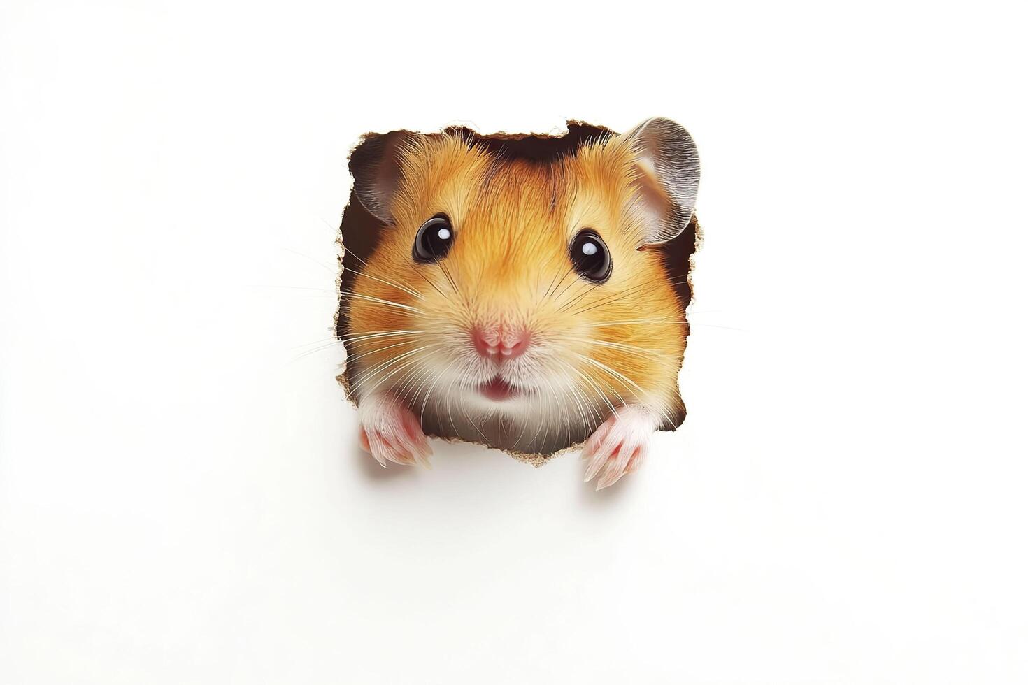 Hamster peeking out of a hole in paper isolated on white background. photo