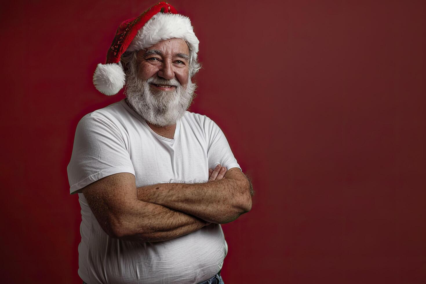 Santa Claus wearing a white shirt on a red background. photo
