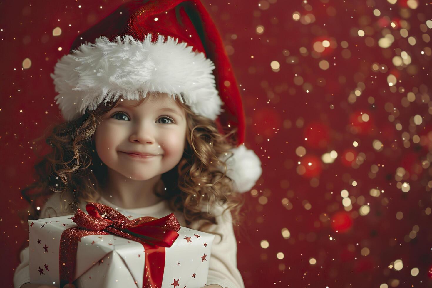 Little girl in a Santa hat with a gift on a red background. photo