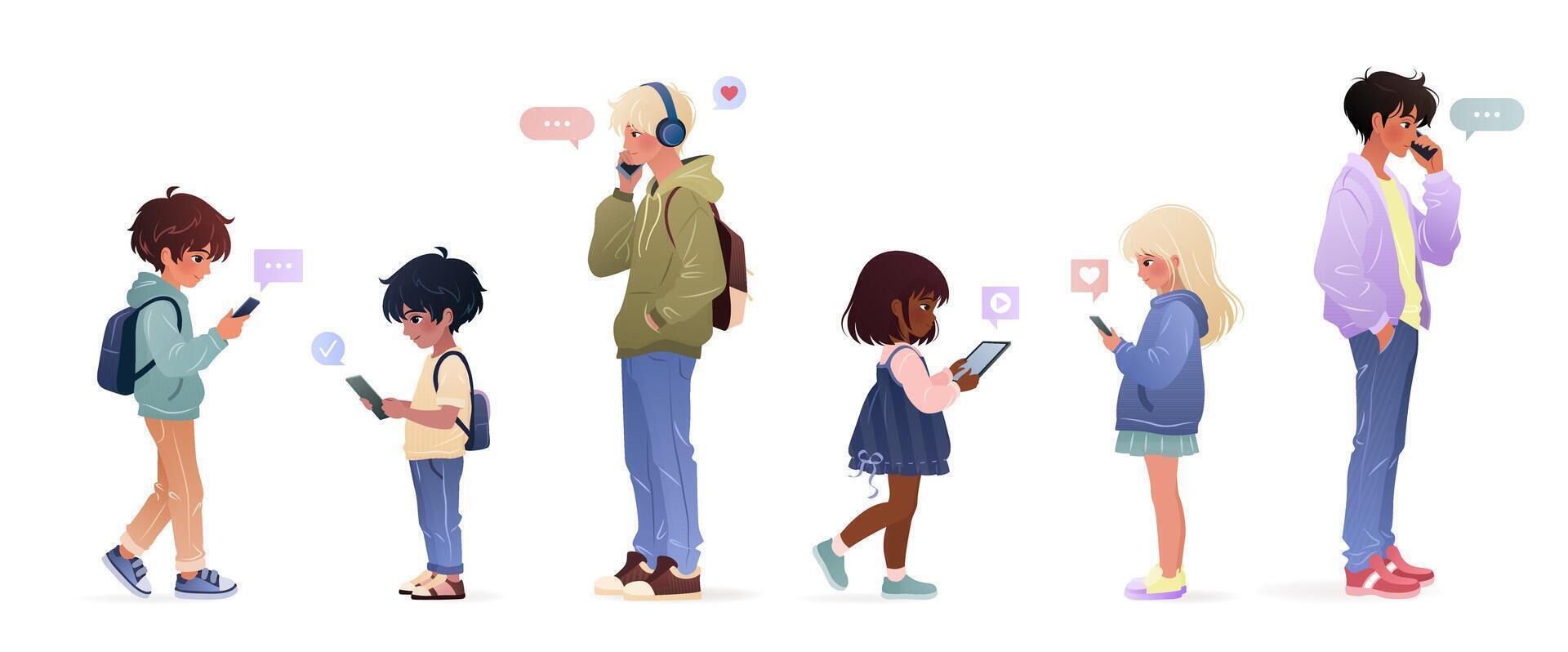 Diverse kids and teenagers of different ages and ethnicities using smartphone, surfing internet, chatting. Male and female children, teens holding gadgets. isolates illustrations on white. vector