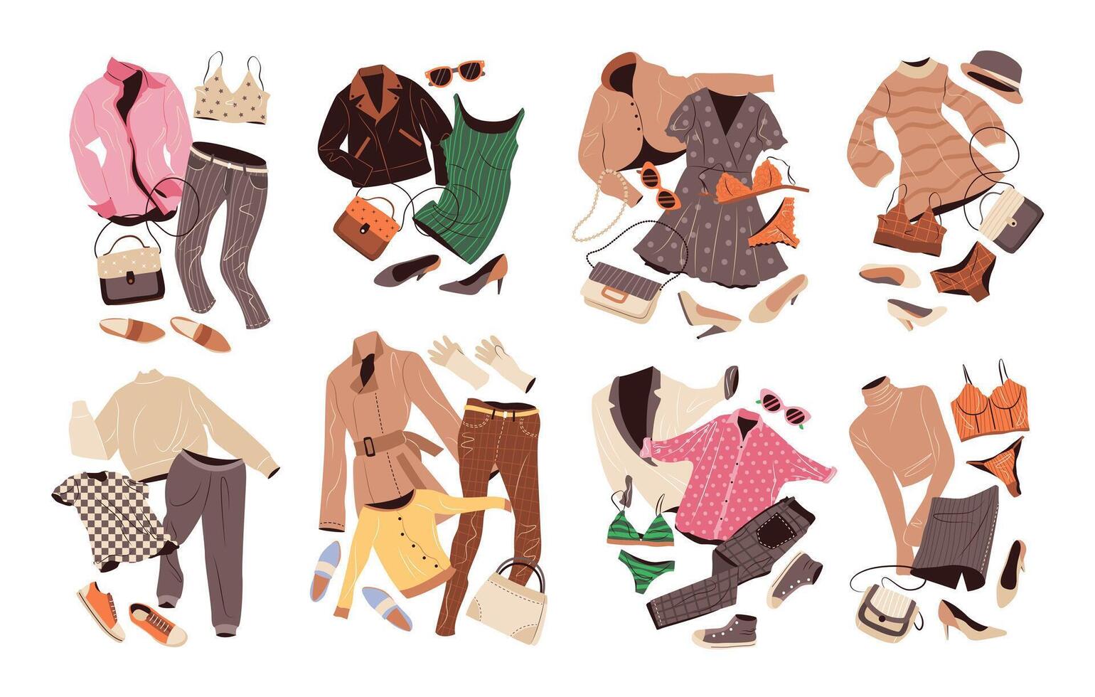 Outfits set in casual style for women. Fashion clothing, accessories, shoes for spring and summer. isolated flat illustrations on background vector