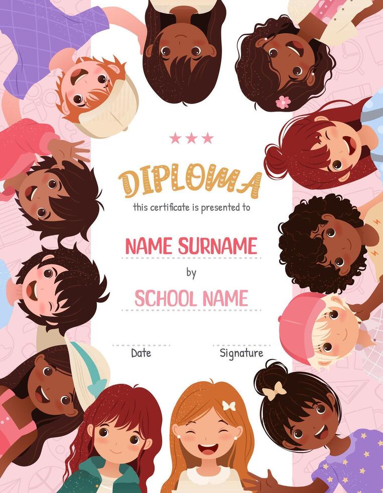 Vertical Diploma Certificate for School and Preschool Children in Kindergarten or Primary grades. Layered Template with Cute Cartoon Boy and Girls Standing in a Circle. Diverse Kids. vector
