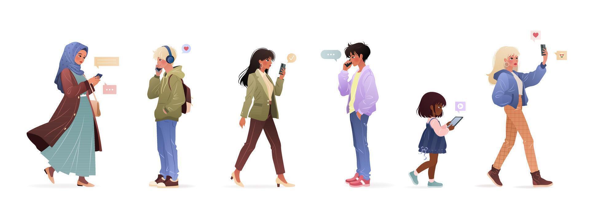 Diverse people of different ages using smartphone, surfing internet, chatting. Female and male characters, young adults and kids holding gadget, mobile phone, tablet. isolates illustrations. vector