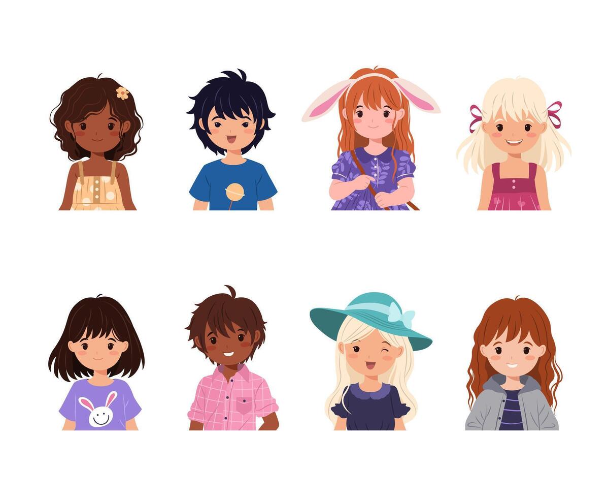 cabeza retrato conjunto con linda niños, gracioso Niños y muchachas avatares en casual ropa. preescolar y colegio niño caracteres, aislado plano ilustración en blanco antecedentes. vector