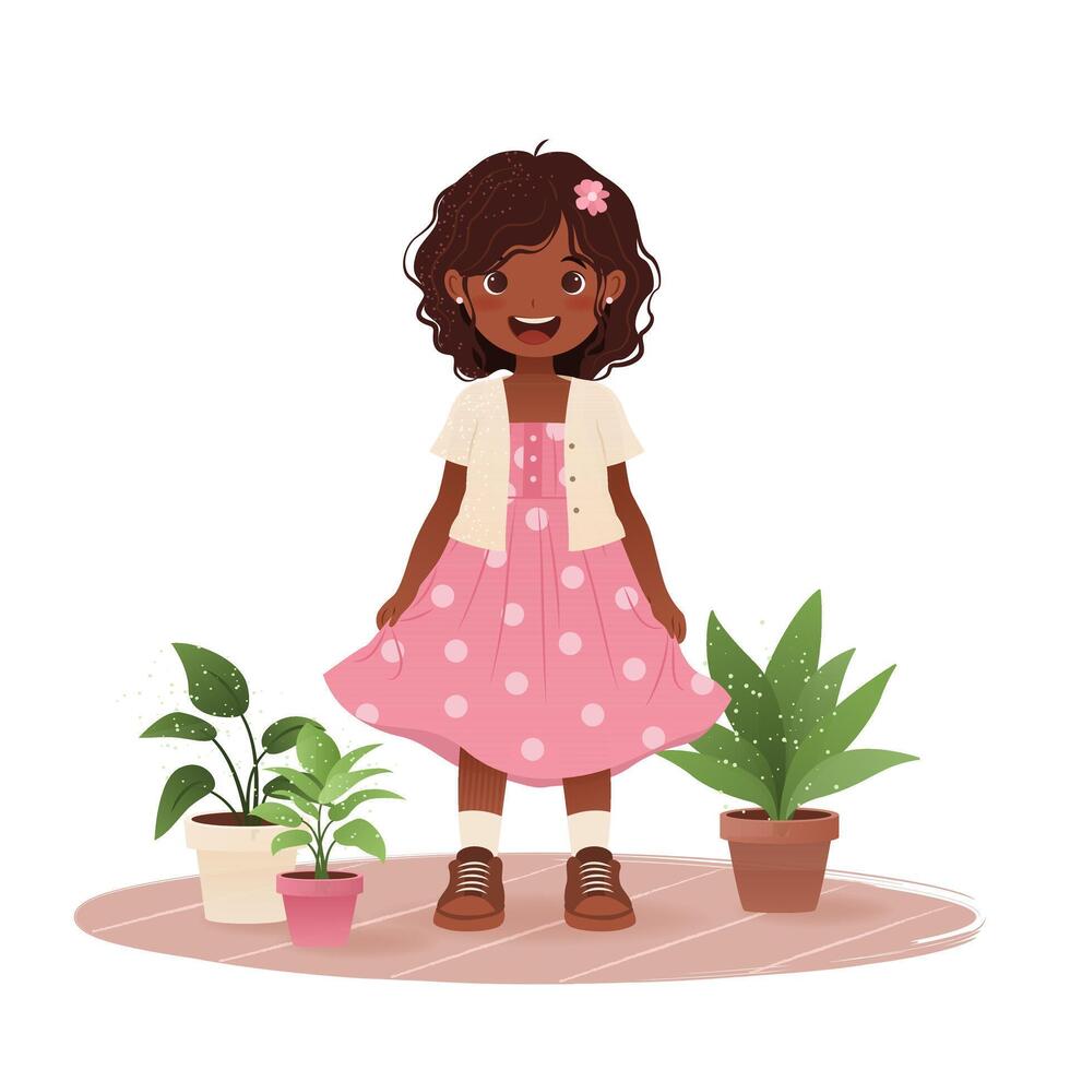 Summer or spring mood. Cute little girl smiling and standing in a dress with houseplants in flowerpots. This cartoon illustration is perfect for childish designs and prints. vector