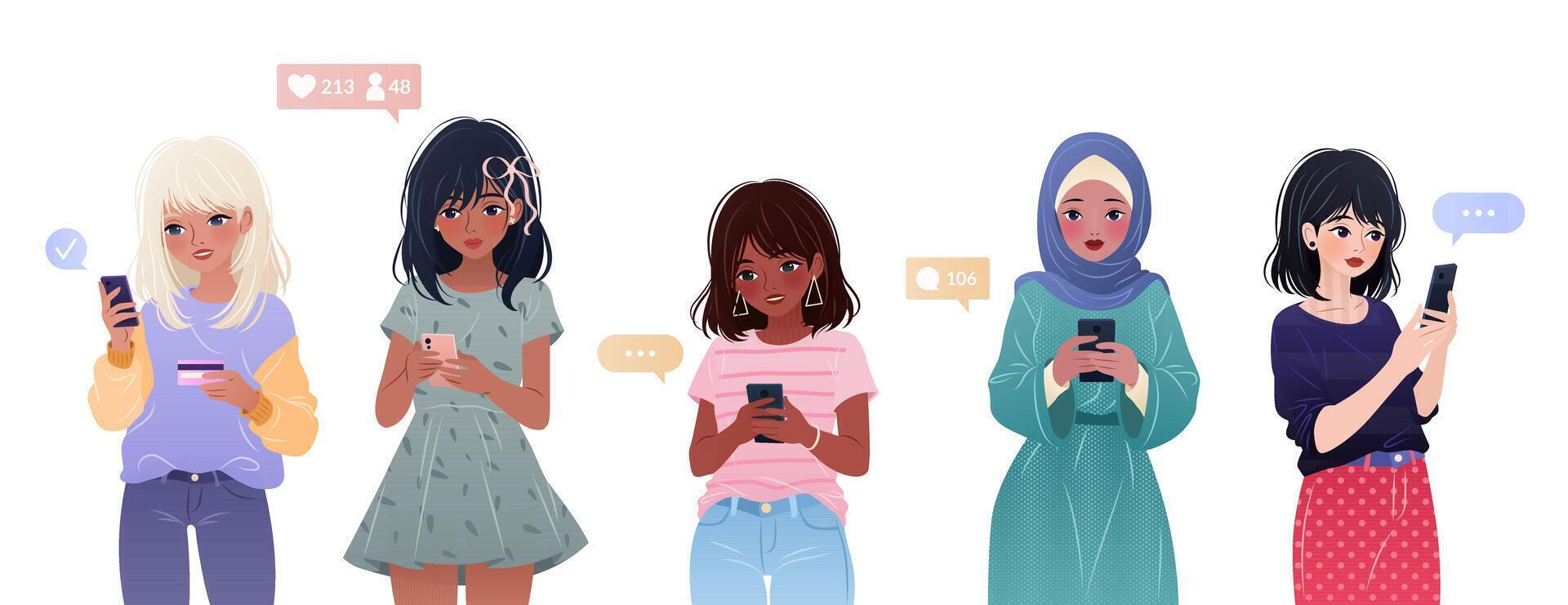 Diverse women of different ethnicities and nationalities using smartphones, surfing internet, chatting, shopping. Set of female characters, young adults holding gadgets. Isolated illustrations. vector