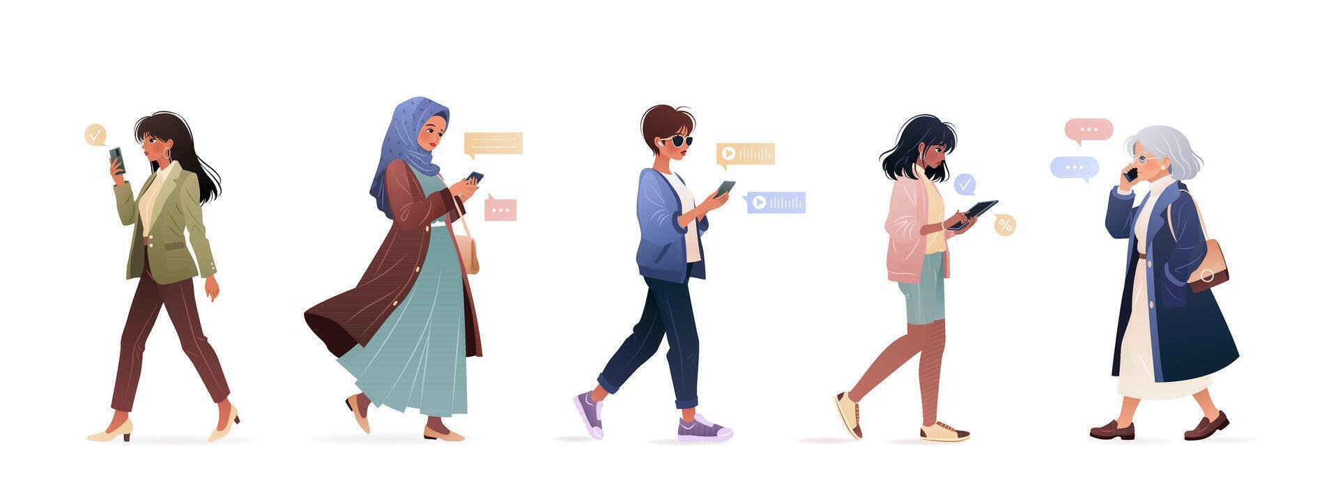 Diverse woman of different ages and ethnicities using smartphone, surfing internet, chatting. Female characters, young adults and elderly woman holding gadget. isolates illustrations on white. vector