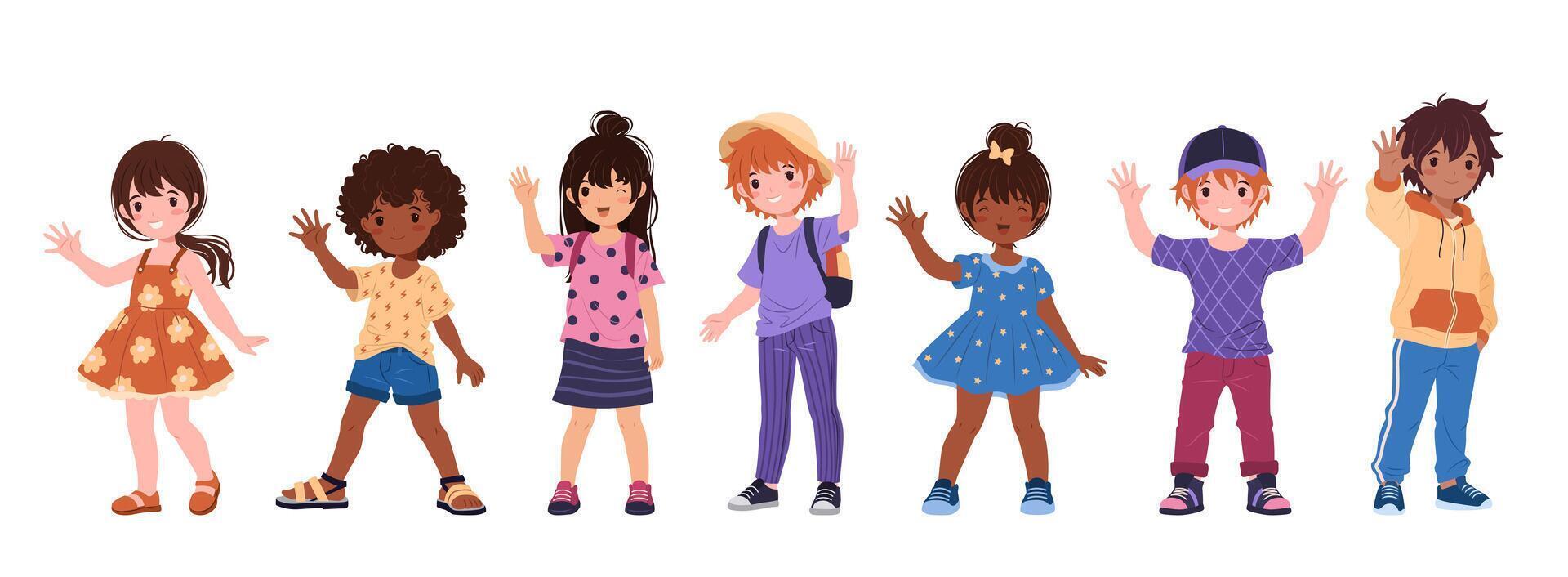 Collection of multiracial kids in various casual clothes. Cute children, funny boys and girls. Isolated illustrations on a white background for Back to School and educational designs. vector