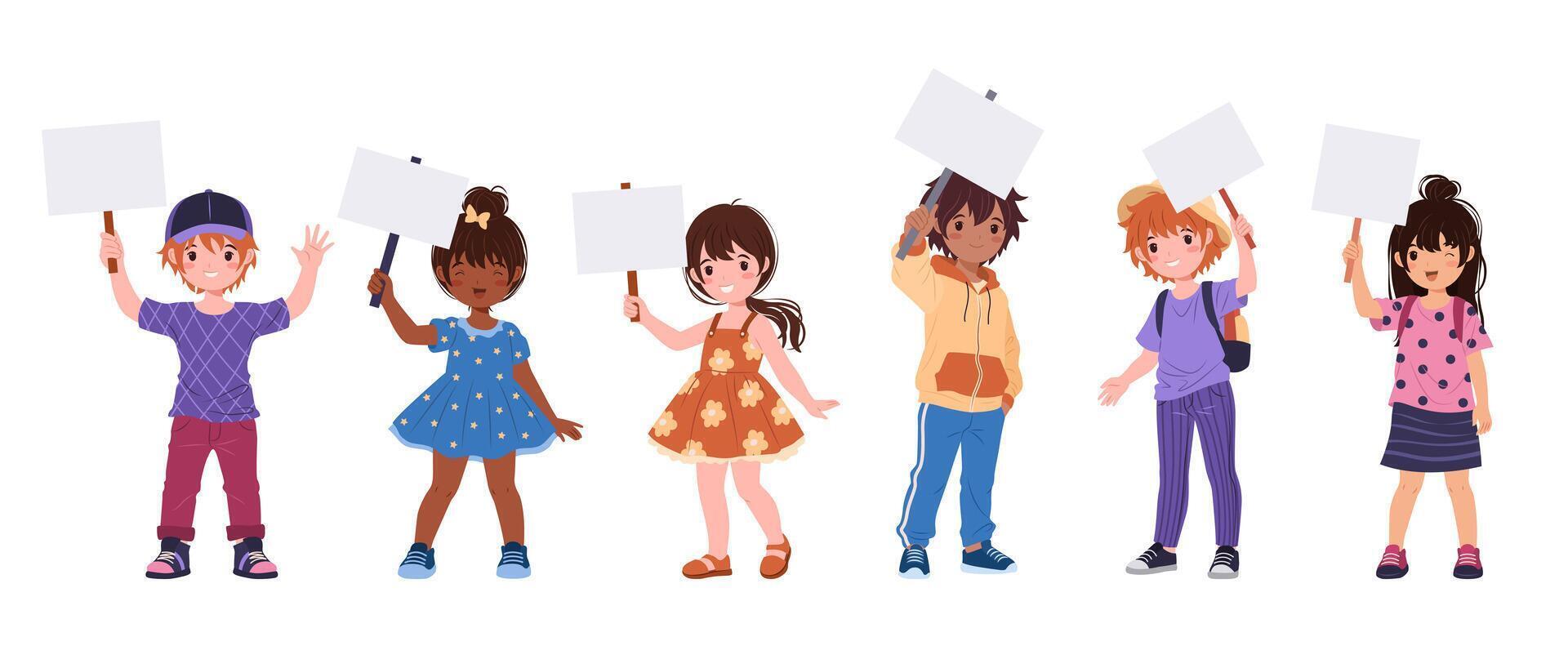 Collection of Multiracial Kids in Various Casual Clothes Holding Banners. Children, Funny Boys and Girls. Isolated Illustrations on a White Background for Back to School and Educational Designs vector