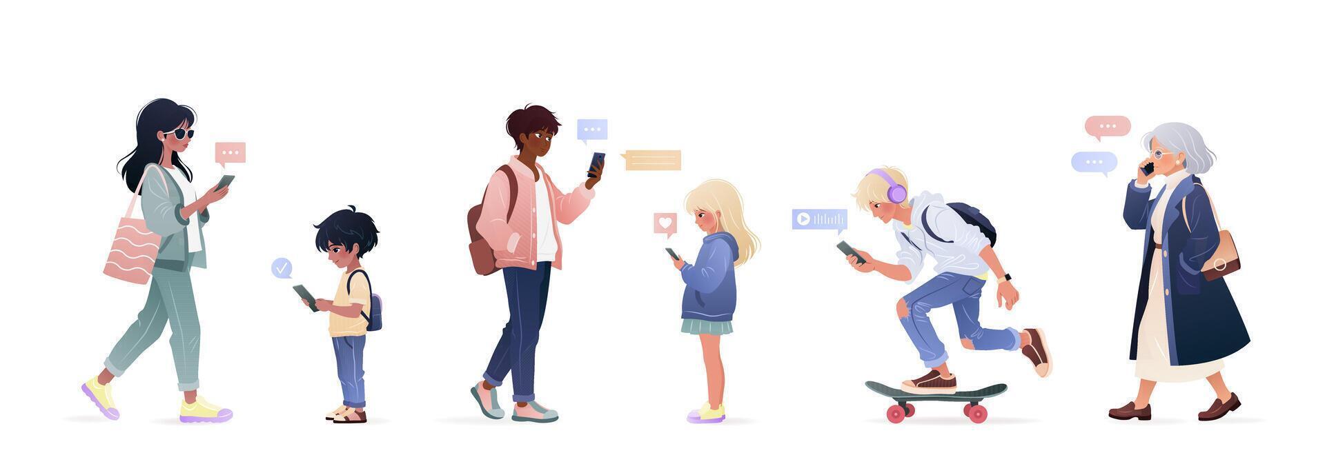 Diverse people of different ages and ethnicities using smartphone, surfing internet, chatting. Men, women, kids, young adults and elderly woman holding gadgets. isolates illustrations on white. vector