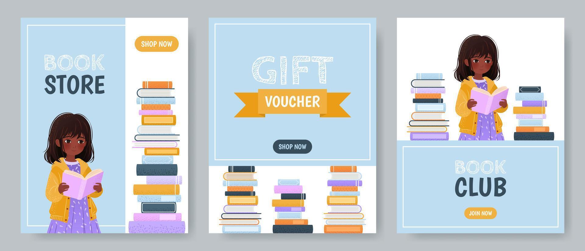 Set of banners for online bookstore, book club, and gift voucher. Posters with a cute little girl and a stack of books. Flat illustrations. Layout templates for apps, bookstores, and promotions vector