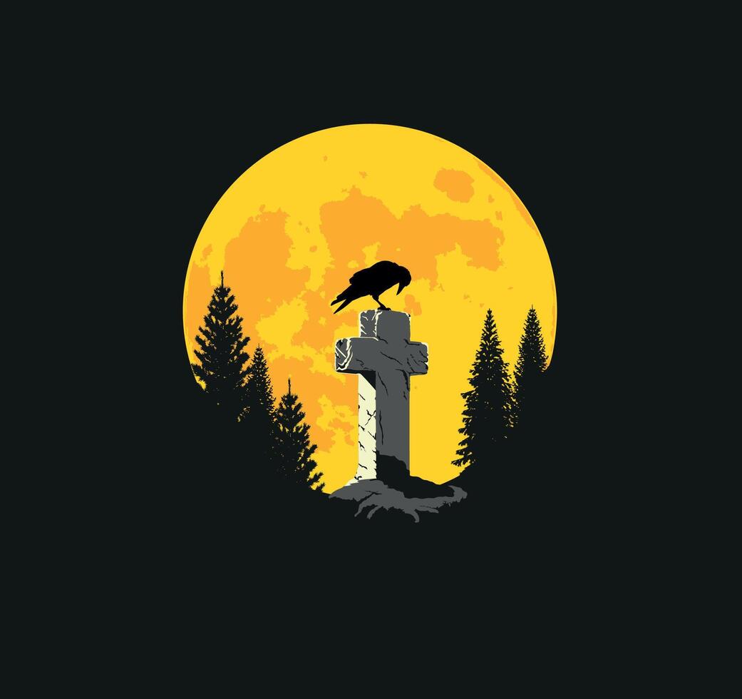 Crow on a cross in the moonlight vector