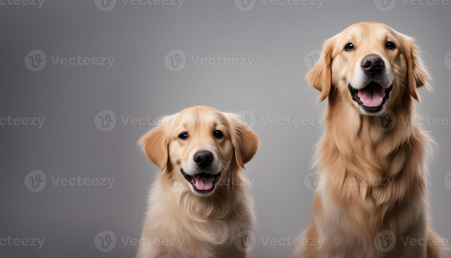 two golden retrievers are sitting next to each other on gray background photo