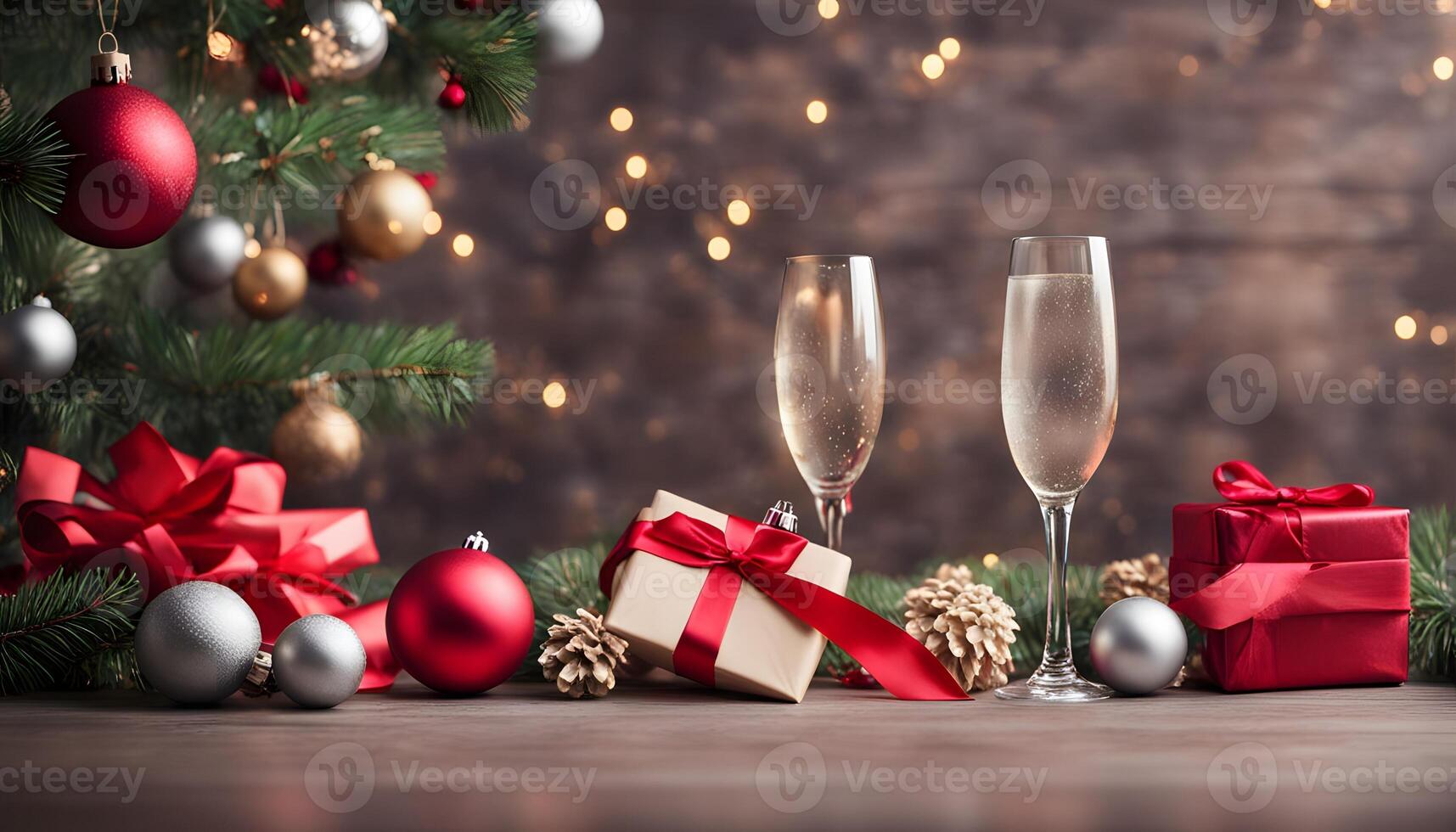two glasses of champagne and gifts on a wooden table christmas day photo