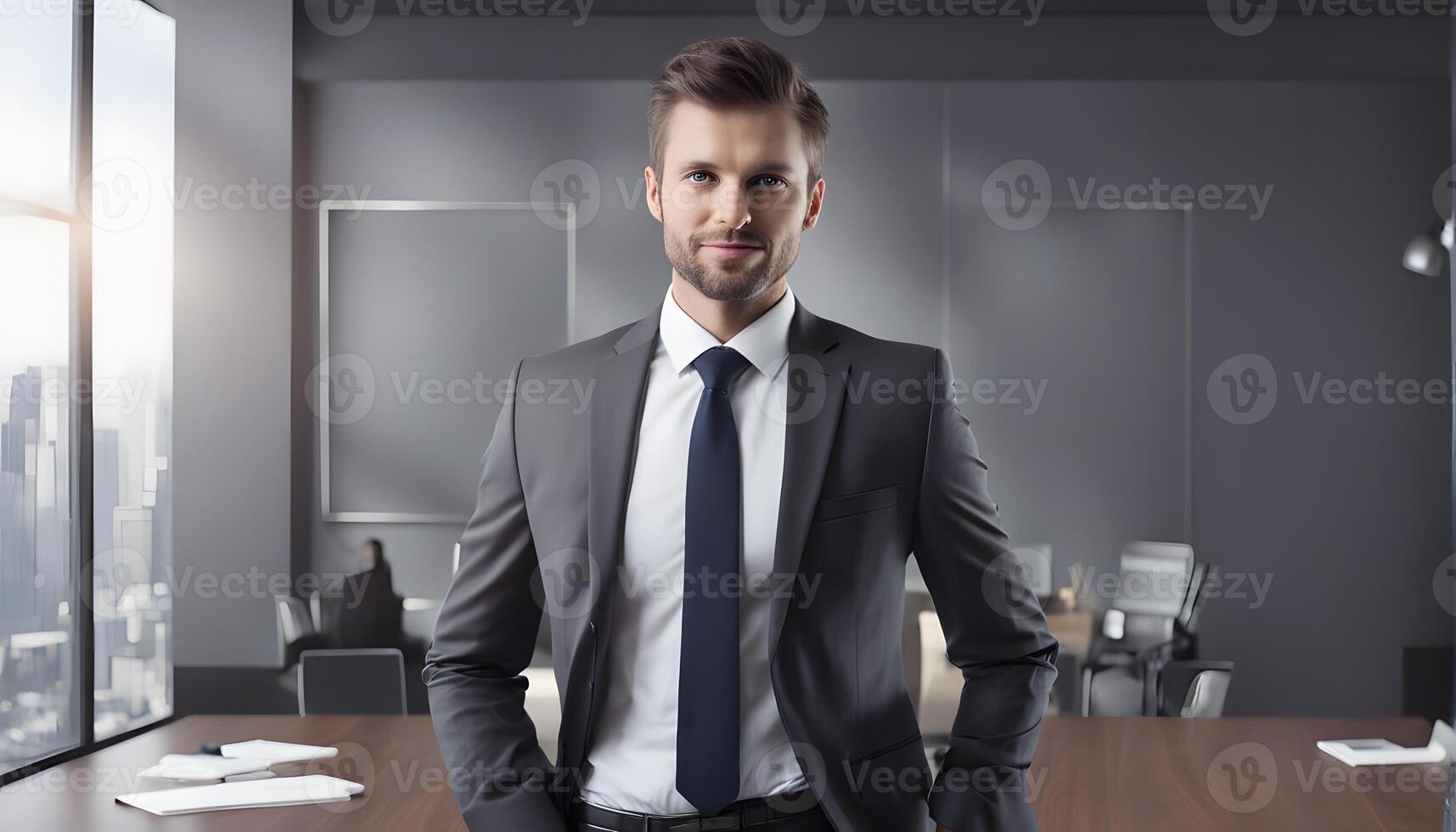 A business man in a suit standing in front of a table photo