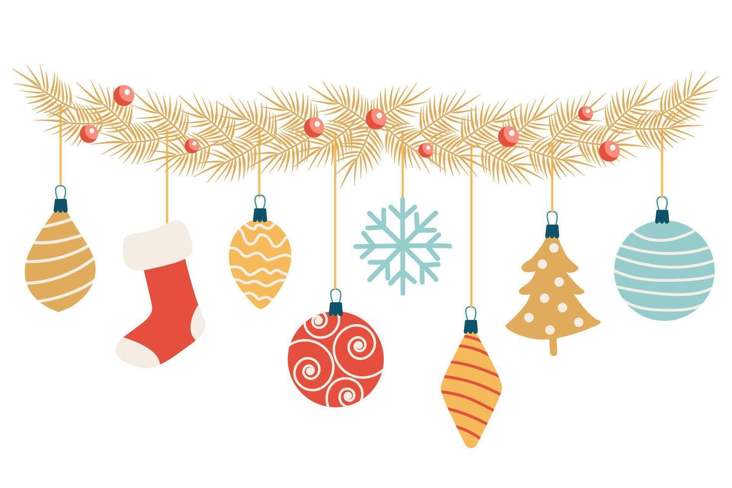 Garland with Christmas ornaments on pine tree branches. vector