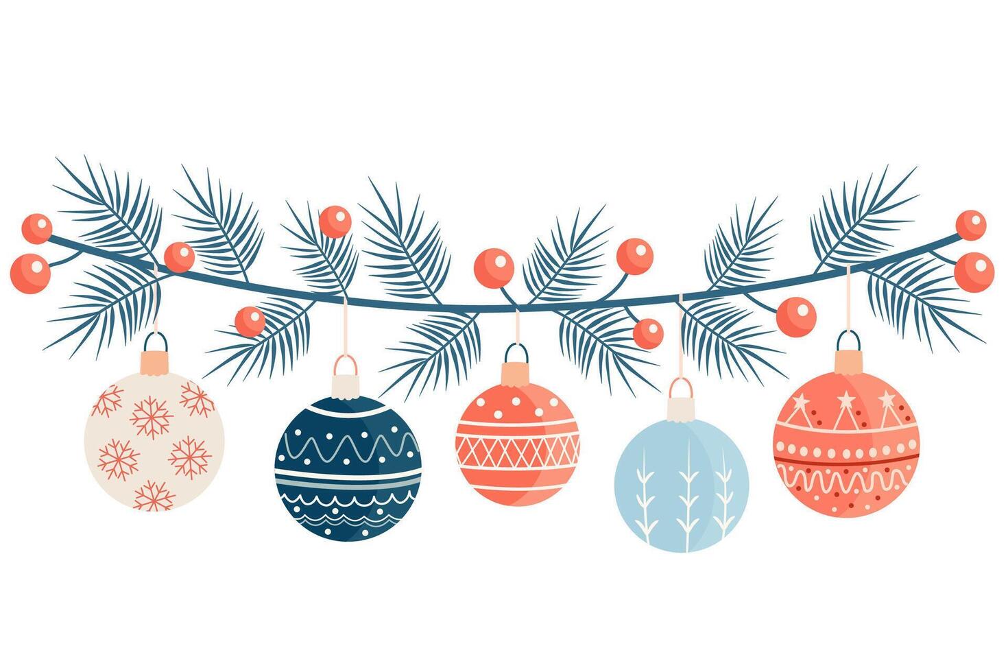 Christmas garland decorated with baubles and fir branches with berries vector