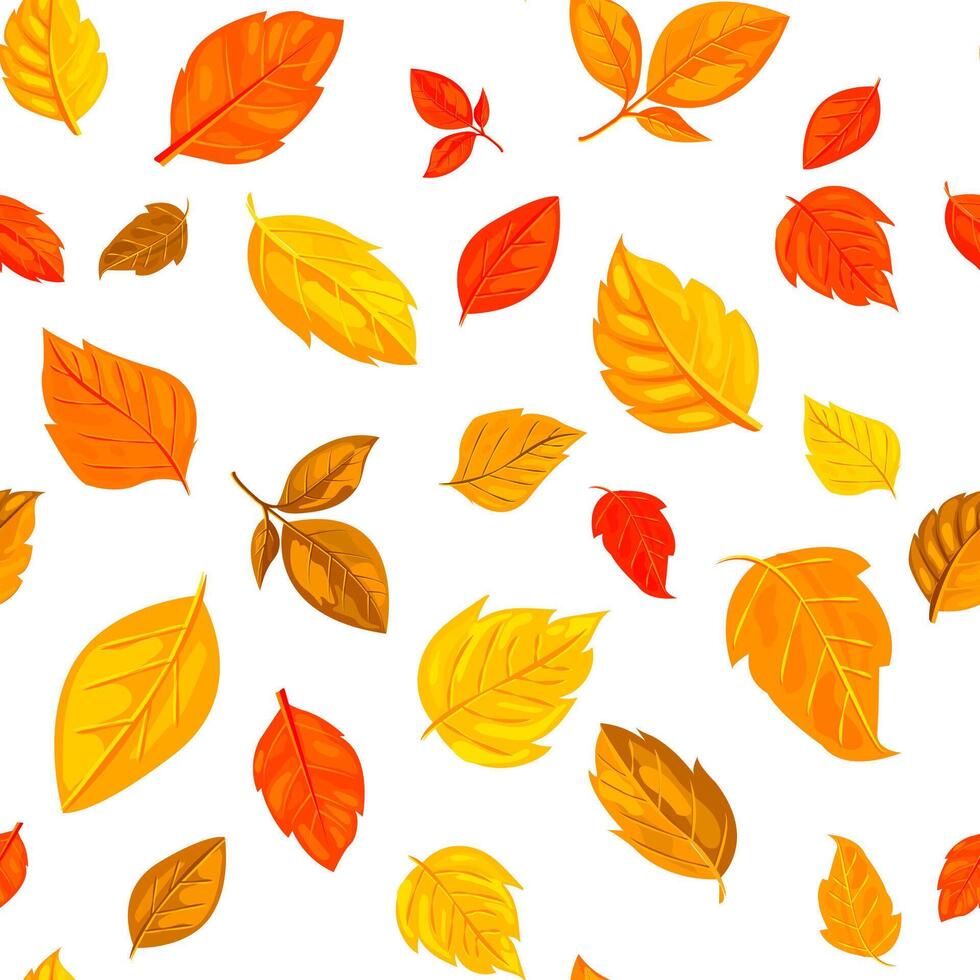 Colorful autumn leaves in various shades and shapes on a white background. Seamless pattern concept. illustration vector
