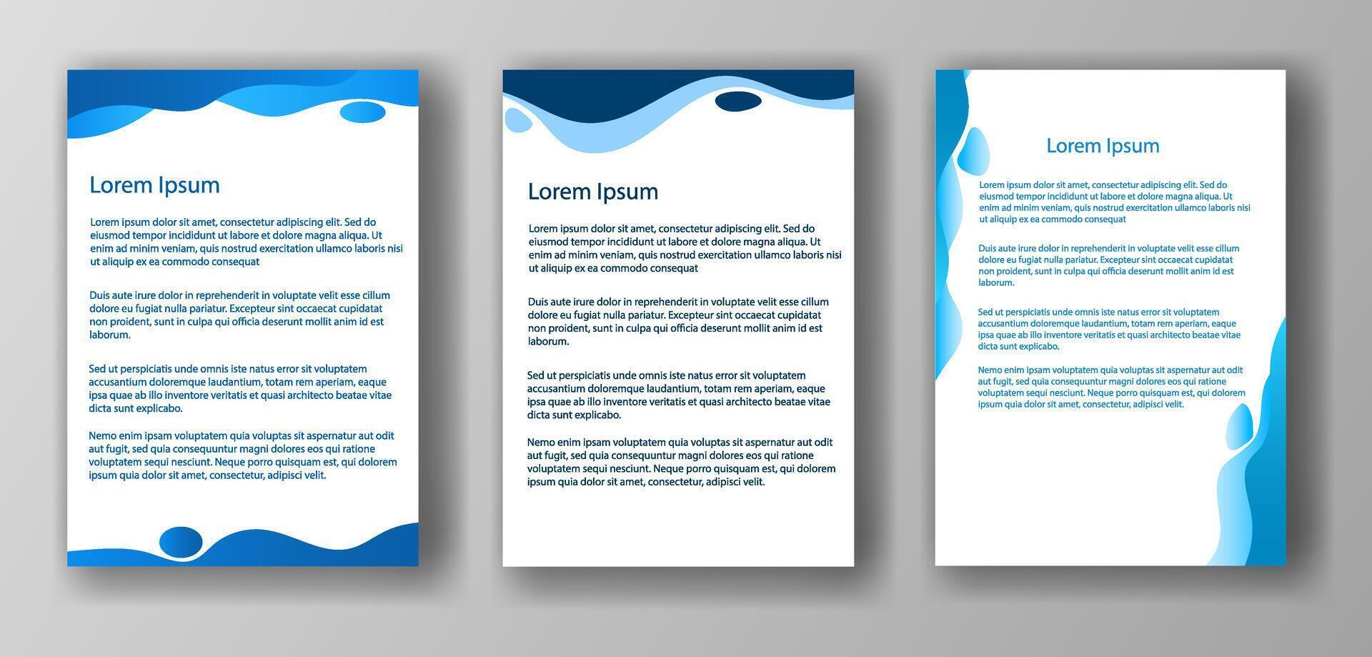 Three different document templates featuring wave designs at the top and bottom, each with Lorem Ipsum placeholder text. Set against a gray background. Concept of mockup and template vector