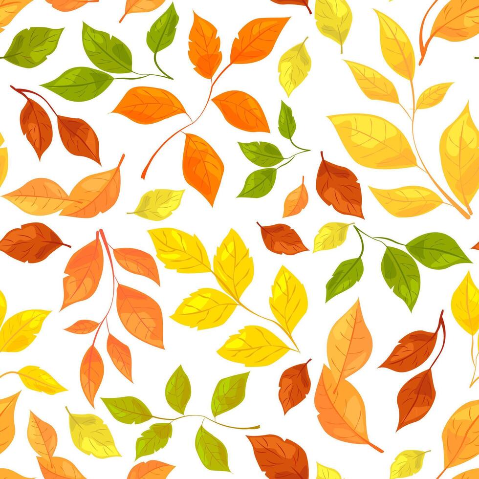 Colorful autumn leaves in various shades and shapes on a white background. Seamless pattern concept. illustration vector