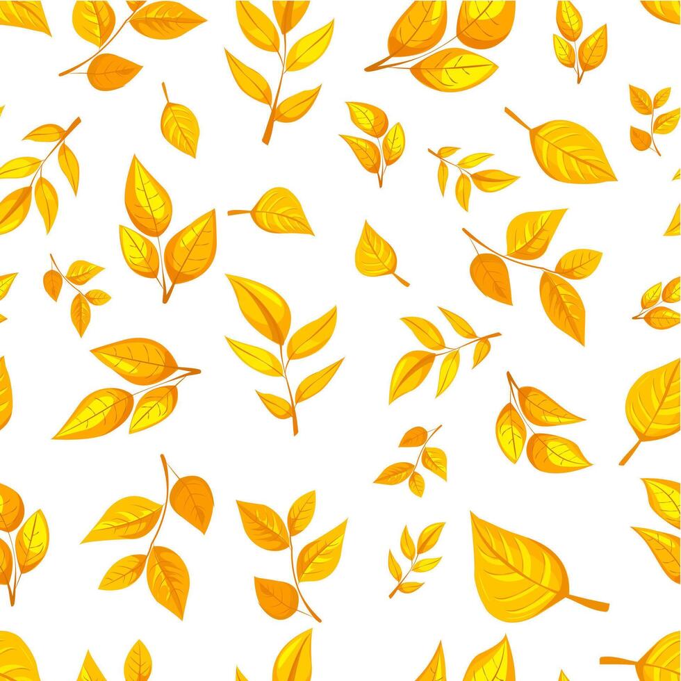 Seamless pattern of golden autumn leaves scattered on a white background. Colorful graphic style. Concept of fall season and nature beauty vector