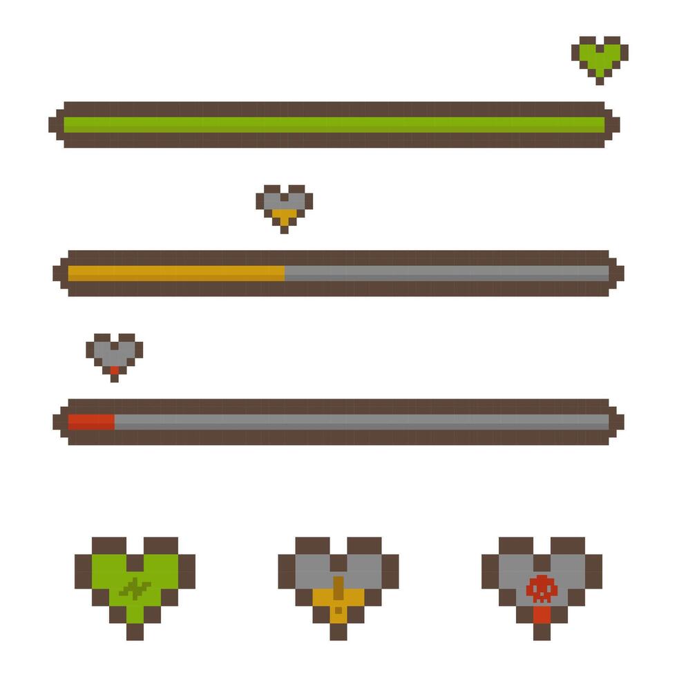 Life bars gaming pixel art set, heart bar with status gaming elements 8 bit style vector