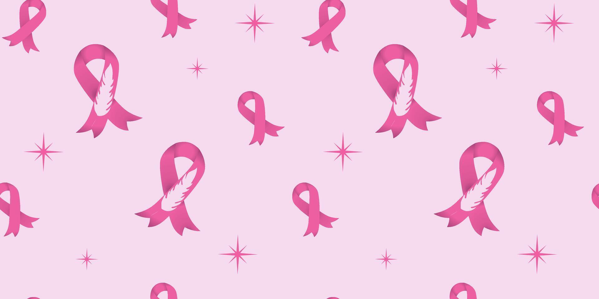 Pink Ribbon with Feather Motif in a Seamless Pattern vector