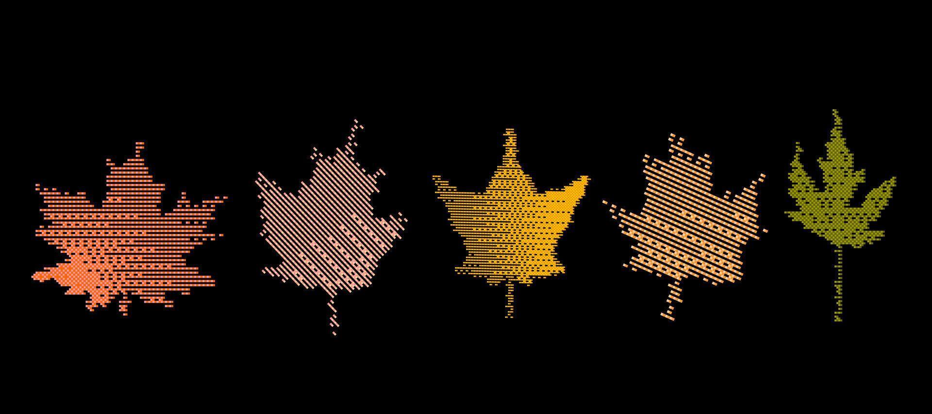 Autumn pixelated leaves illustrations set. Collection of embroidery effect foliage. Fall season symbol stitched style. Decorative design element vector