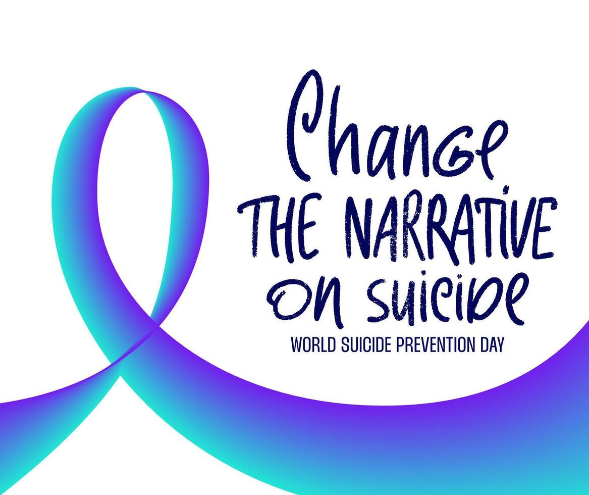 World suicide prevention day theme poster with ribbon illustration. Change the narrative on suicide handwritten text. Mental health issue message banner. vector