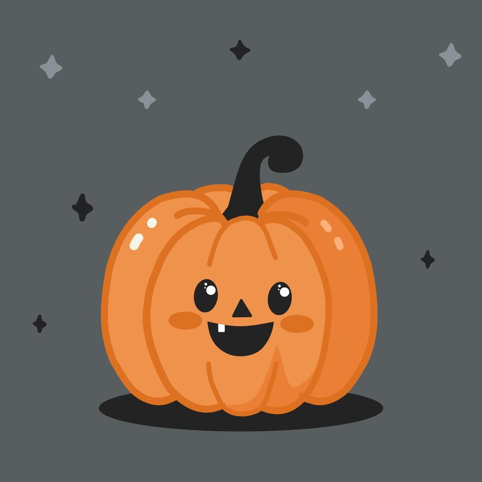 Orange illustration of a pumpkin with a tail and with a cute face and smile. Illustration for Halloween. vector