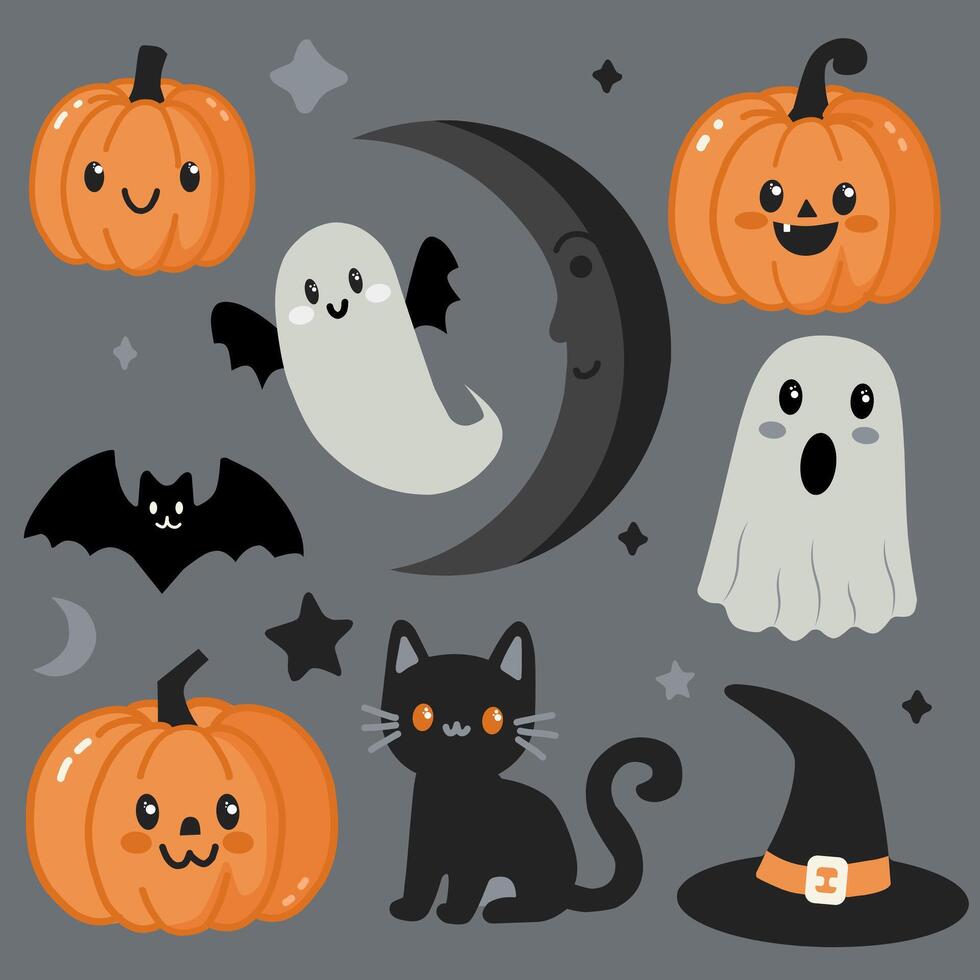 Set of illustrations for the scary Halloween holiday. Cute orange pumpkins, white ghosts, bat and black cat with a hat. For decoration. For stickers. vector