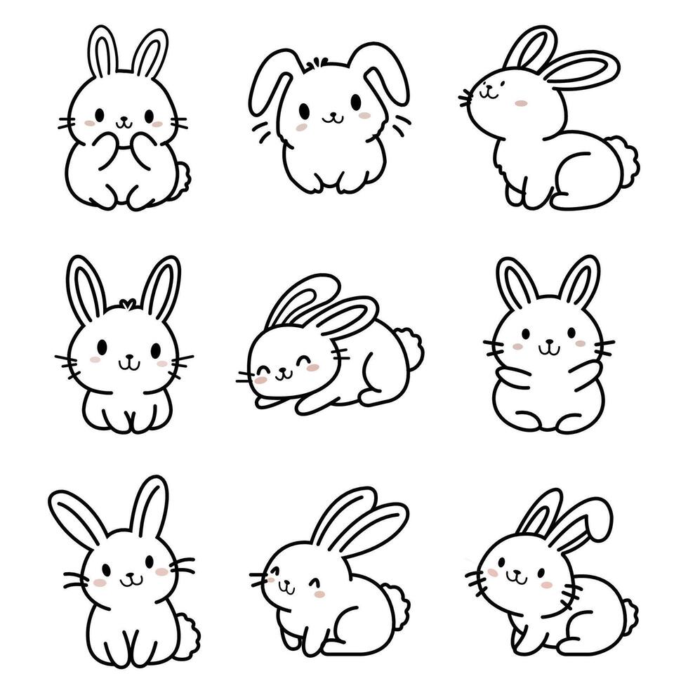 Bunny outline set. cute rabbit line art with different pose designs vector