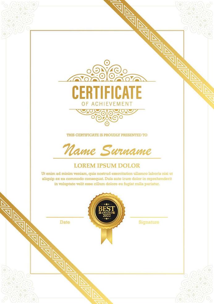 Certificate of achievement template in with applied Thai line in yellow gold tone vector