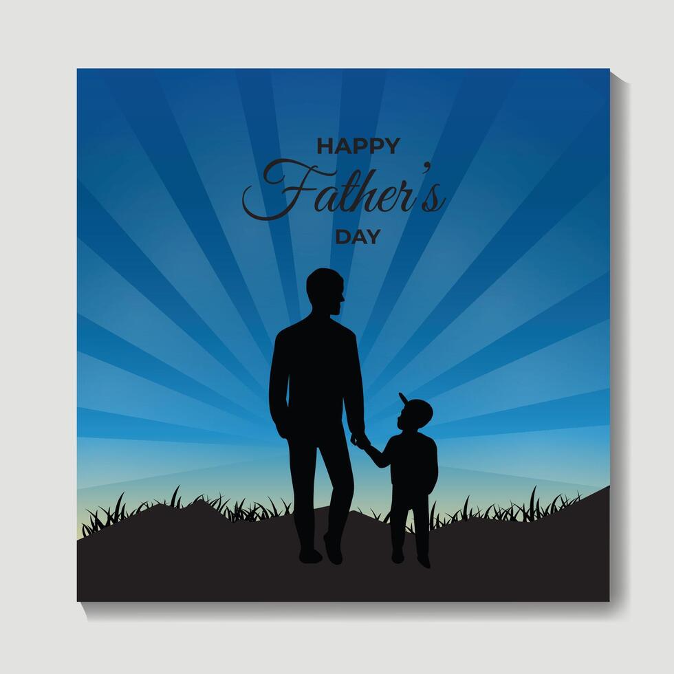 Happy Father's day background. Happy Father's Day and silhouette of father and child on background of adventure landscape. Father and son with text happy father's day. vector