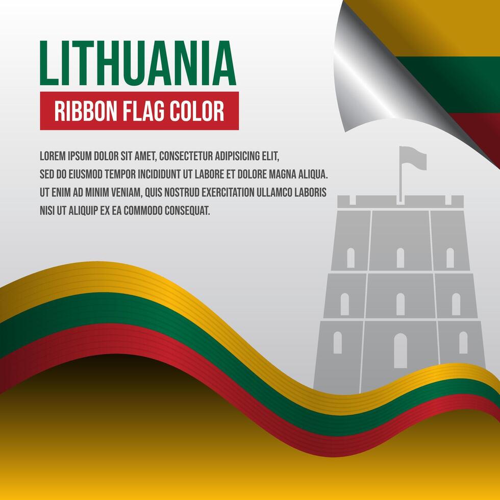 Lithuania ribbon flag with Gediminas Castle Tower silhouette and decoration vector